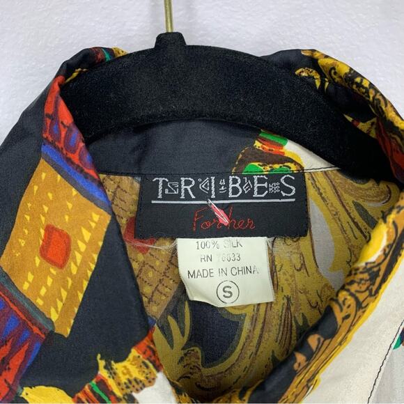 Tribes for her vintage 100% silk long sleeve print button down blouse native S - Picture 3 of 7